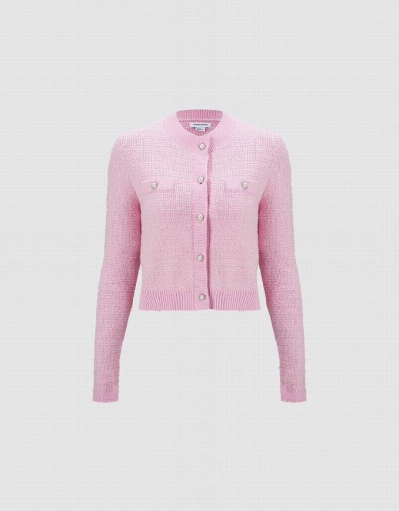 Urban Revivo Tweed Button Up Women\'s Cardigan Pink | DIWYFQL-20