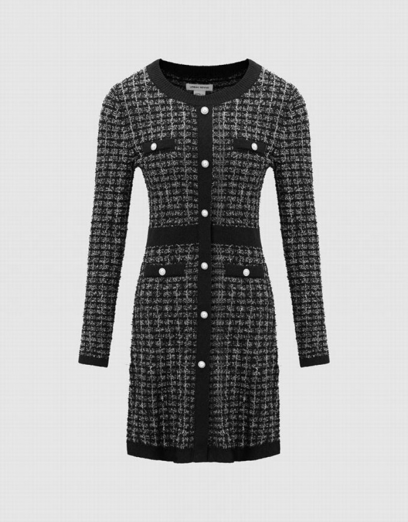 Urban Revivo Tweed Crew Neck Women's Knitted Dress Black | JIZHRPV-69