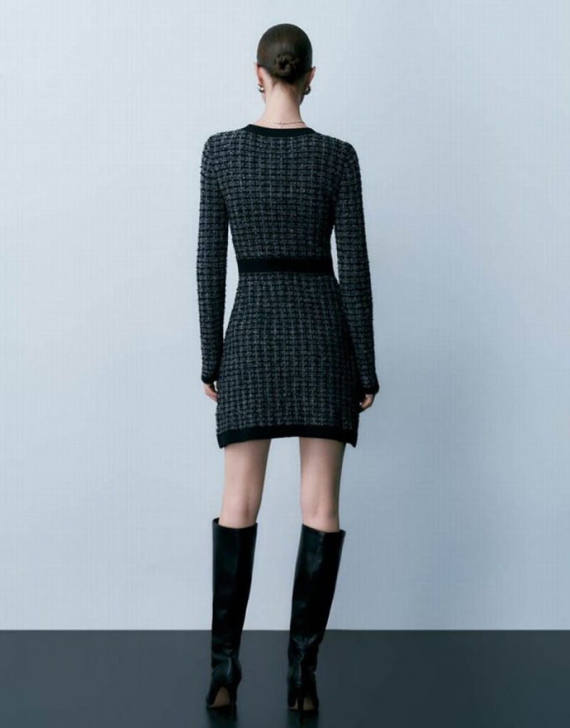 Urban Revivo Tweed Crew Neck Women's Knitted Dress Black | JIZHRPV-69