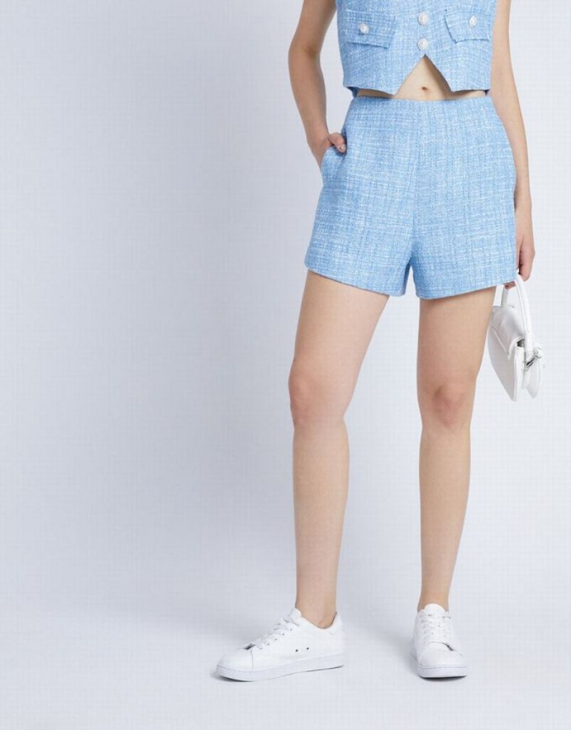 Urban Revivo Tweed Flecked Women's Shorts Blue | WJHKLEA-28