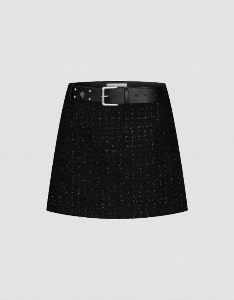 Urban Revivo Tweed Mini A-Line Women\'s Skirts Black | WUMRXKF-15