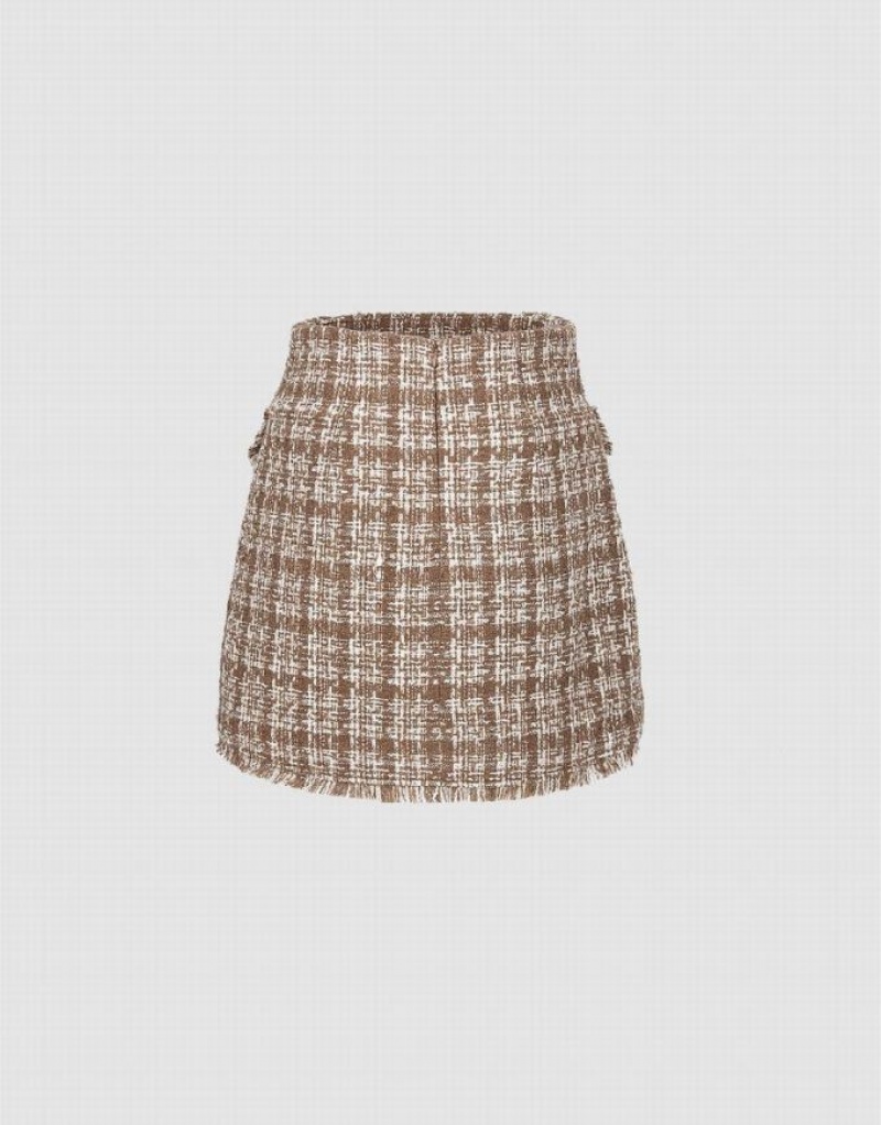 Urban Revivo Tweed Mini A-Line Women's Skirts Khaki | IQTRFKZ-79