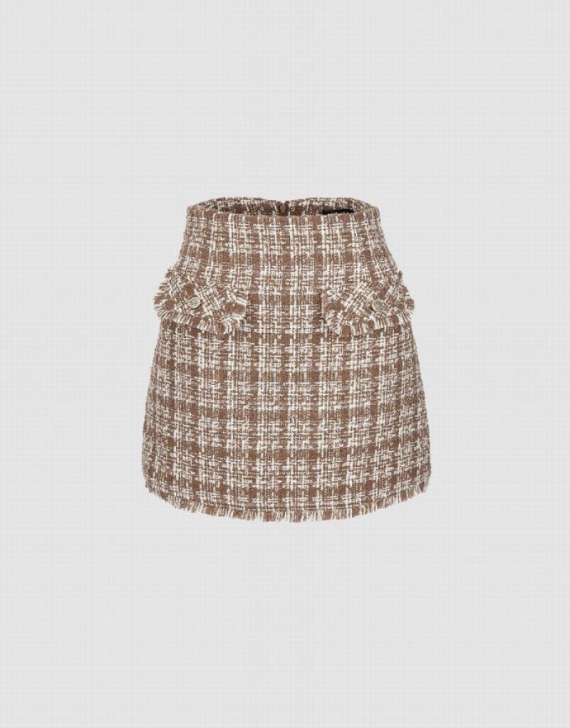 Urban Revivo Tweed Mini A-Line Women\'s Skirts Khaki | IQTRFKZ-79