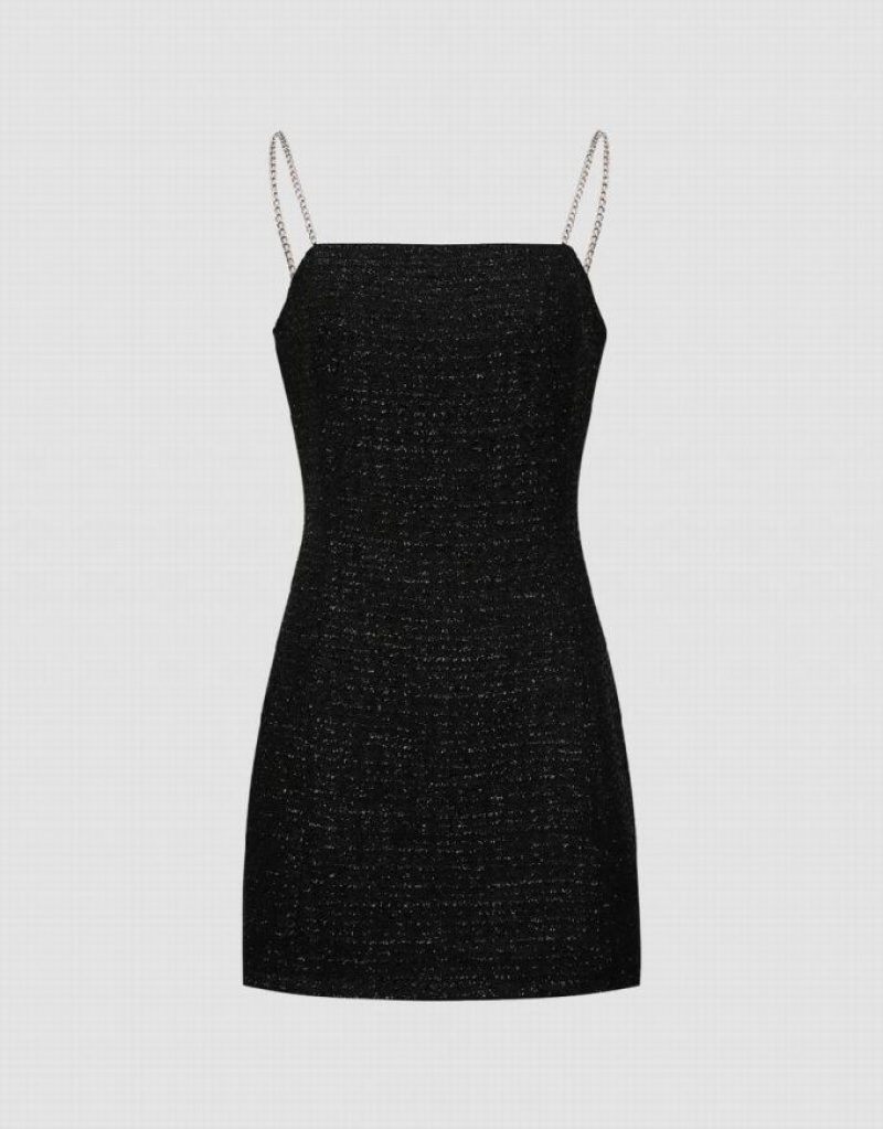 Urban Revivo Tweed Off-Shoulder A-Line Cami Women\'s Dress Black | XLTWRZP-53