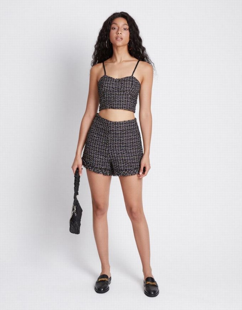 Urban Revivo Tweed Plaid Raw Hem Women's Shorts Black | VTPBCLO-13