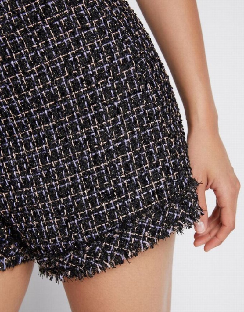 Urban Revivo Tweed Plaid Raw Hem Women's Shorts Black | VTPBCLO-13