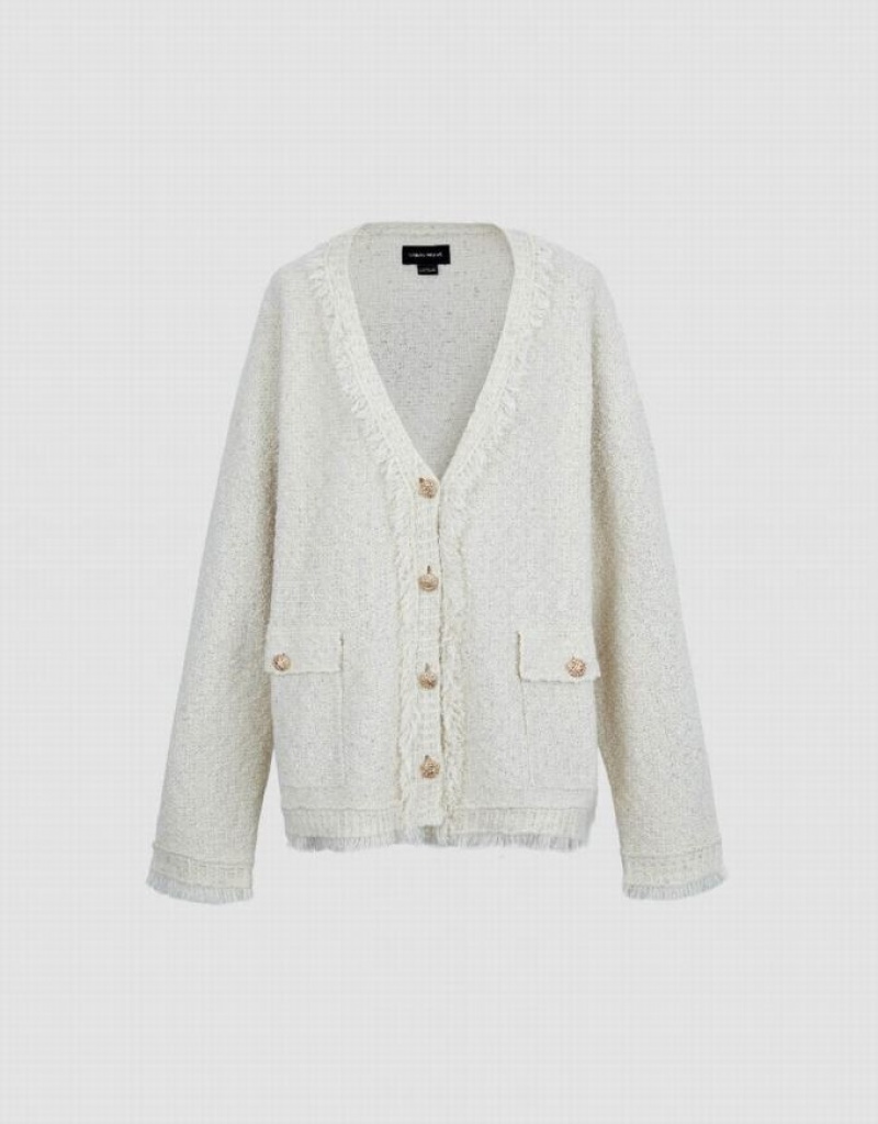 Urban Revivo Tweed Raw Trim V-Neck Knitted Women's Cardigan White | KIWUNYF-90