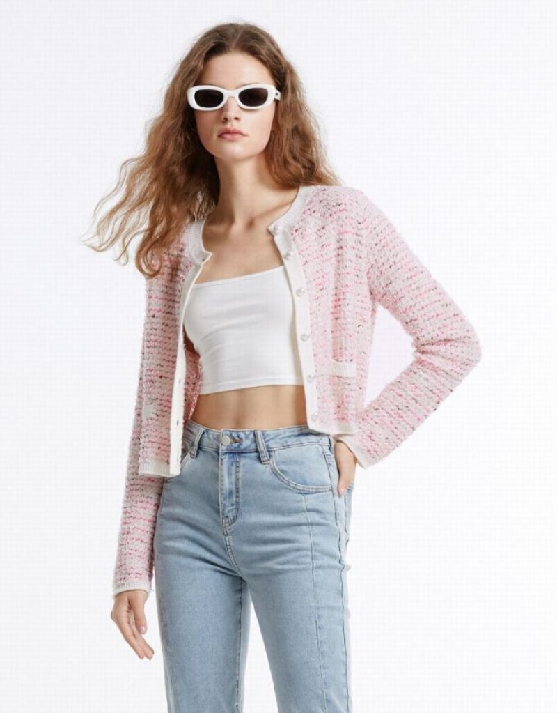 Urban Revivo Tweed Women's Cardigan Pink | MUIWTQA-01