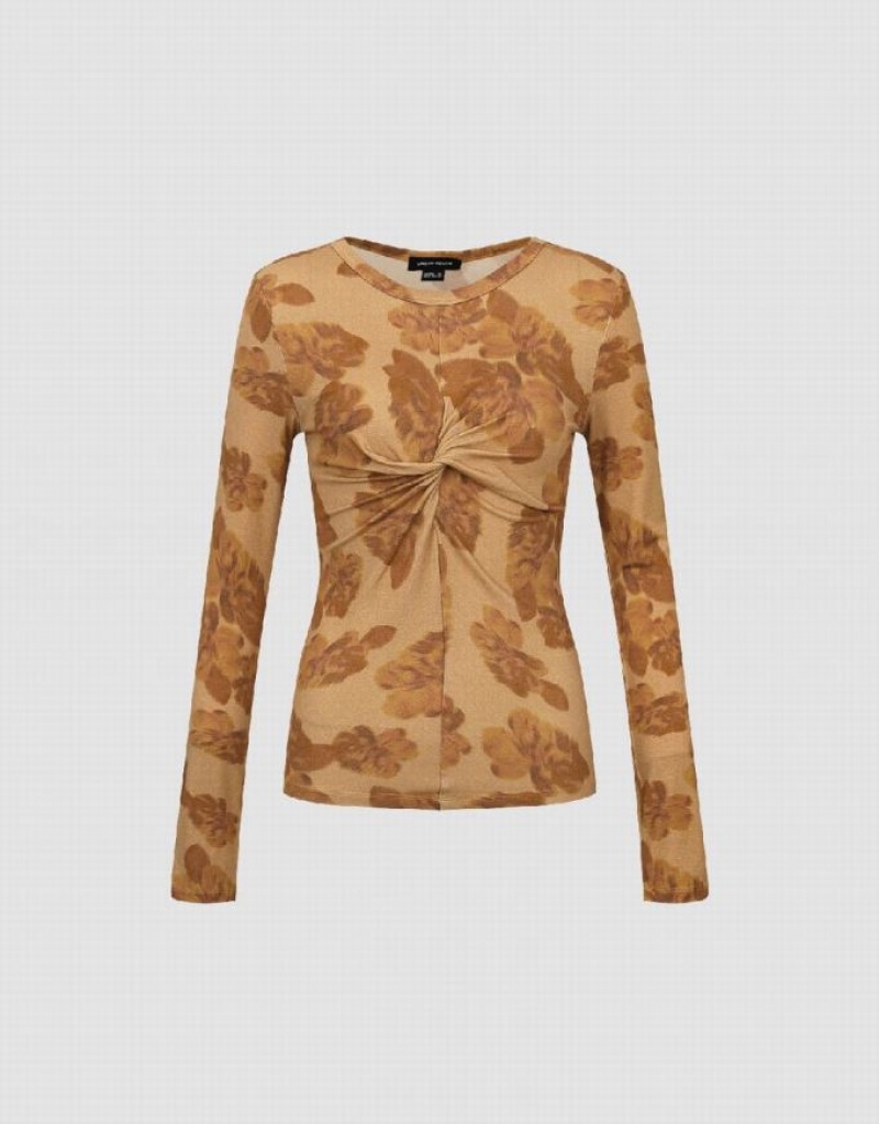 Urban Revivo Twist Front Printed Skinny Women's T-Shirts Brown | TALKXDW-75