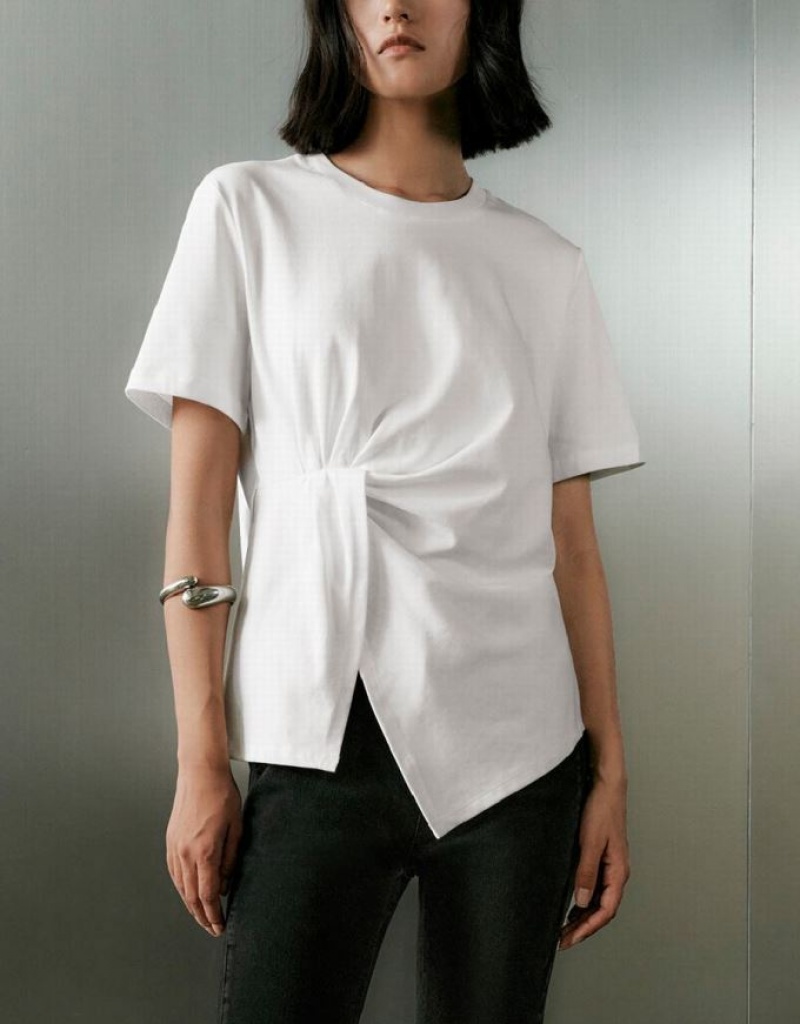 Urban Revivo Twist Side Crew Neck Women's T-Shirts White | JZMGRSN-85