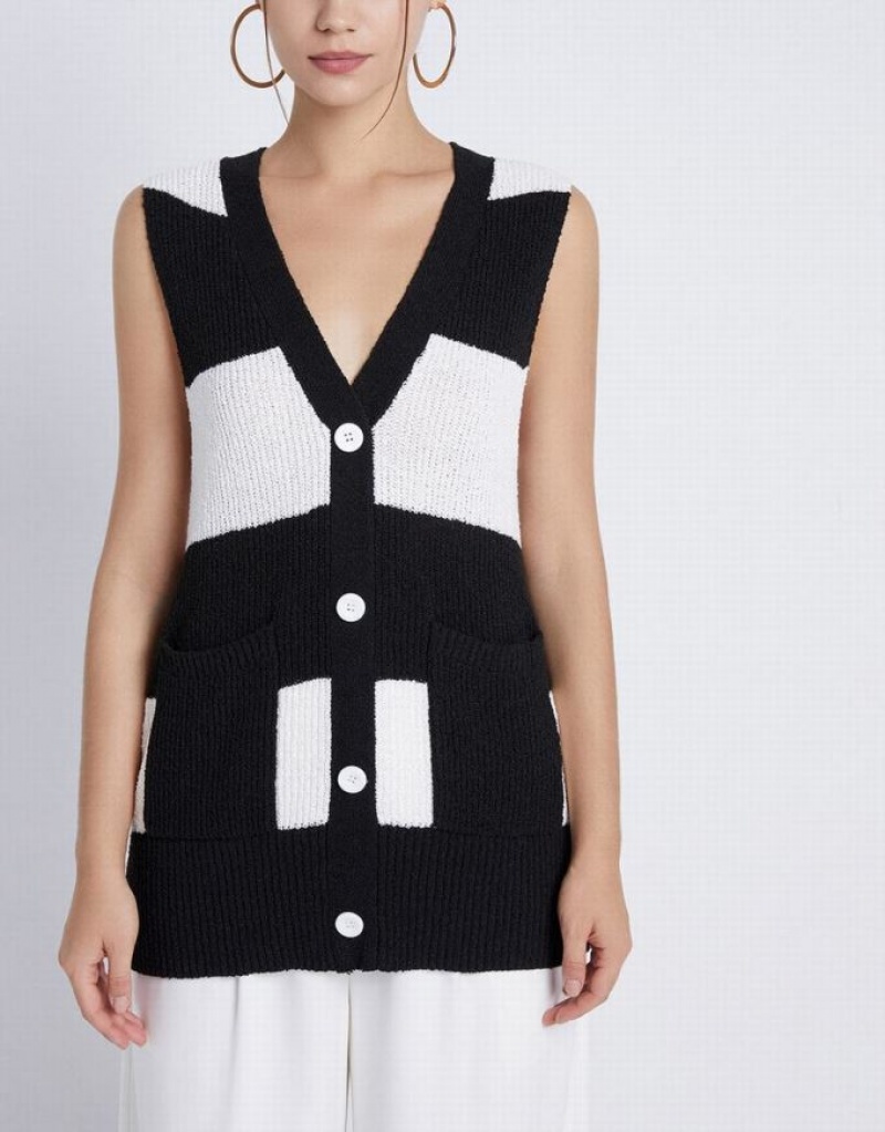 Urban Revivo Two Tone Button Front Women's Sweater Vest Black / White | RCEVMXH-07