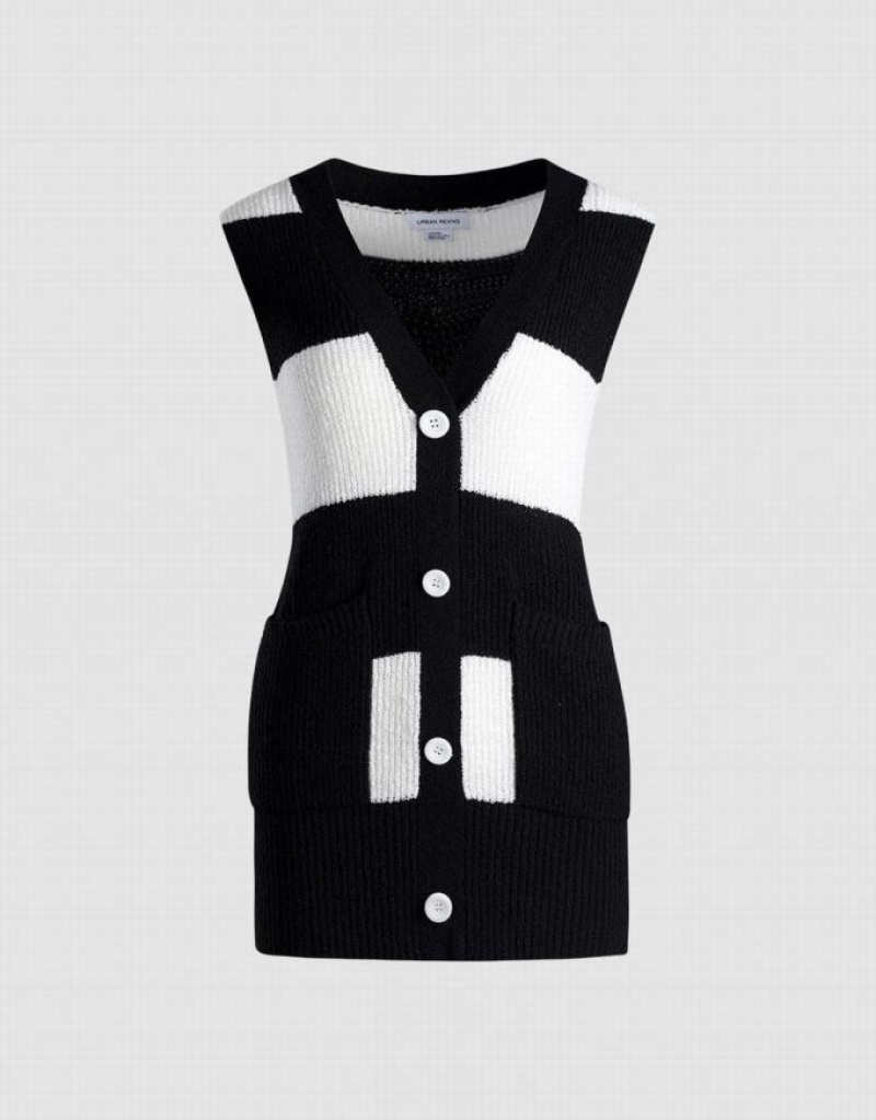 Urban Revivo Two Tone Button Front Women\'s Sweater Vest Black / White | RCEVMXH-07