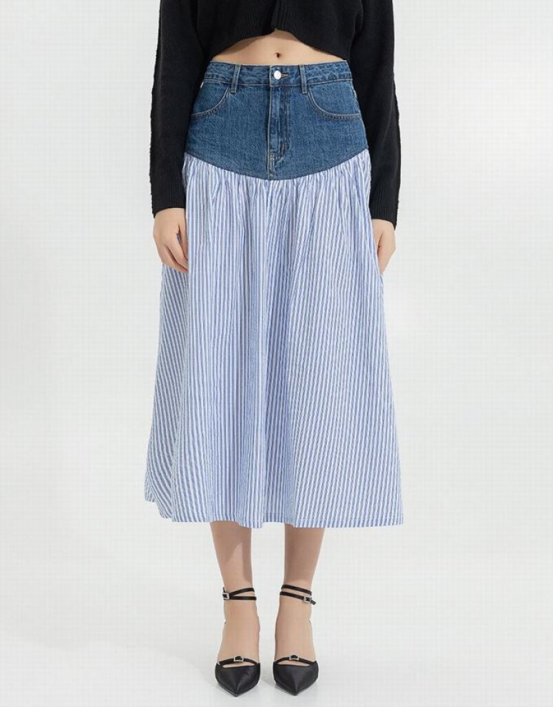 Urban Revivo Two Toned A-Line Women's Denim Skirt Blue | ERGCJZP-24