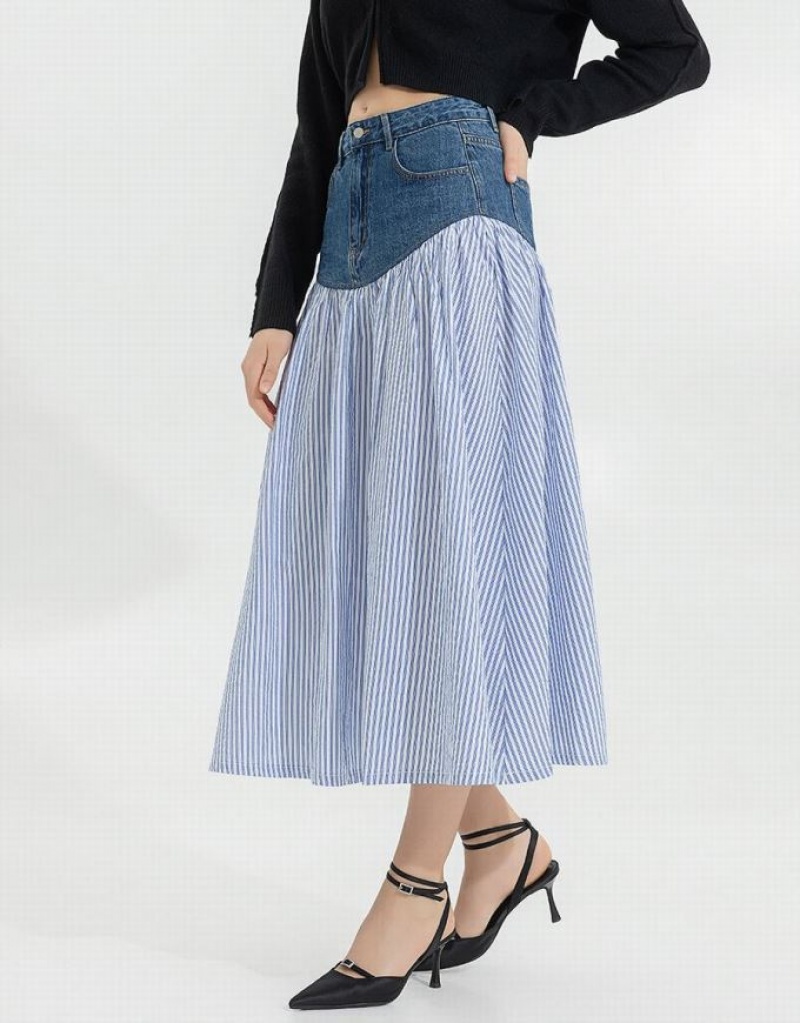 Urban Revivo Two Toned A-Line Women's Denim Skirt Blue | ERGCJZP-24