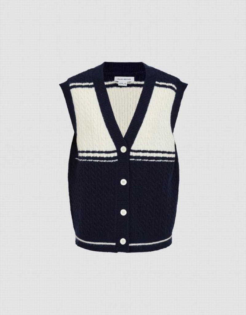 Urban Revivo Two Toned Knitted V-Neck Waistcoat Women's Coats Blue | IVQFDRZ-34