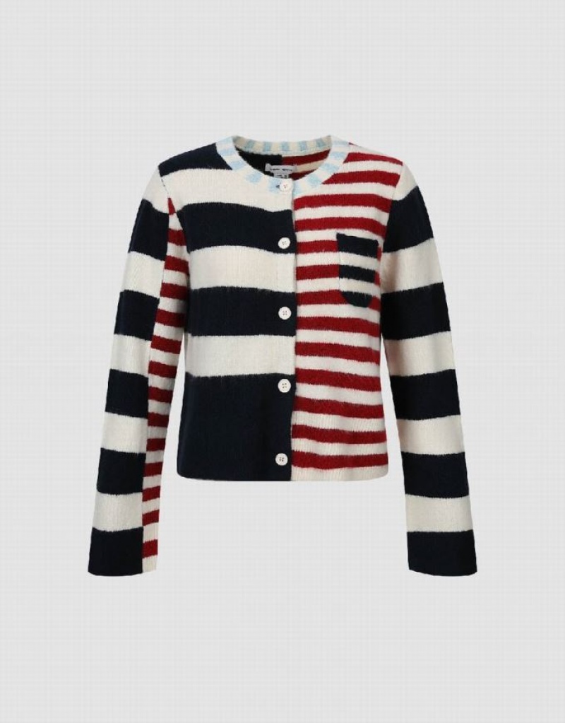 Urban Revivo Two Toned Striped Knitted Women's Cardigan Blue | UGISEBN-08