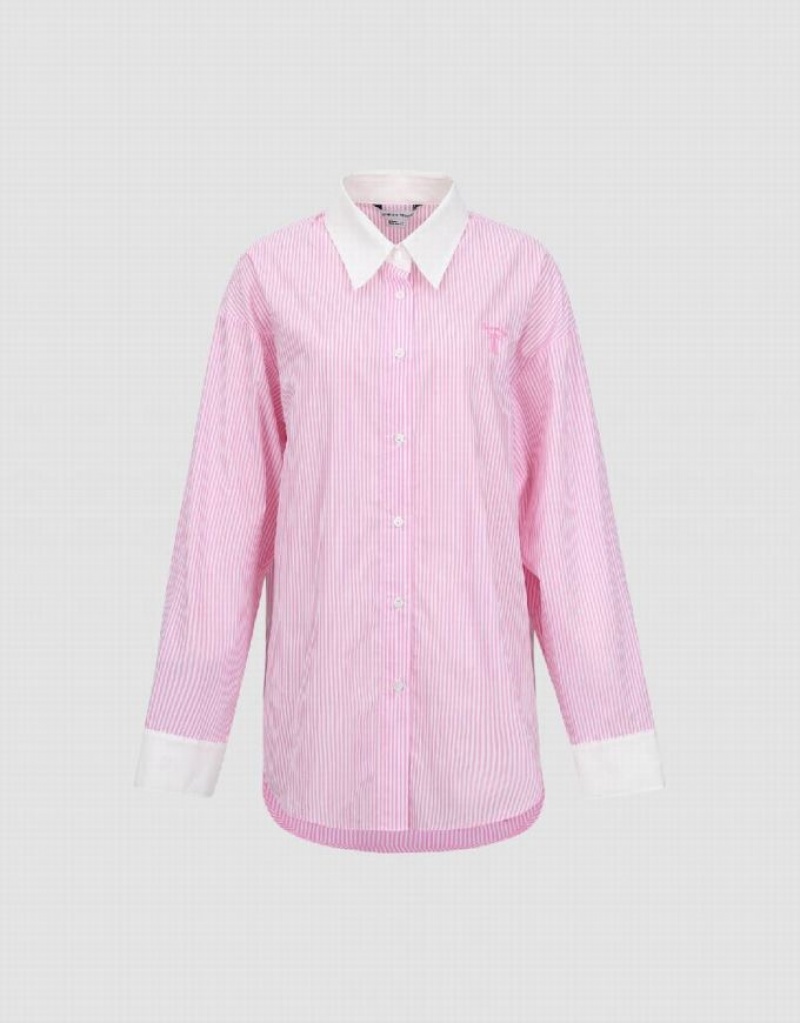 Urban Revivo Two Toned Striped Straight Women's Shirts Pink | RQAEVFN-26