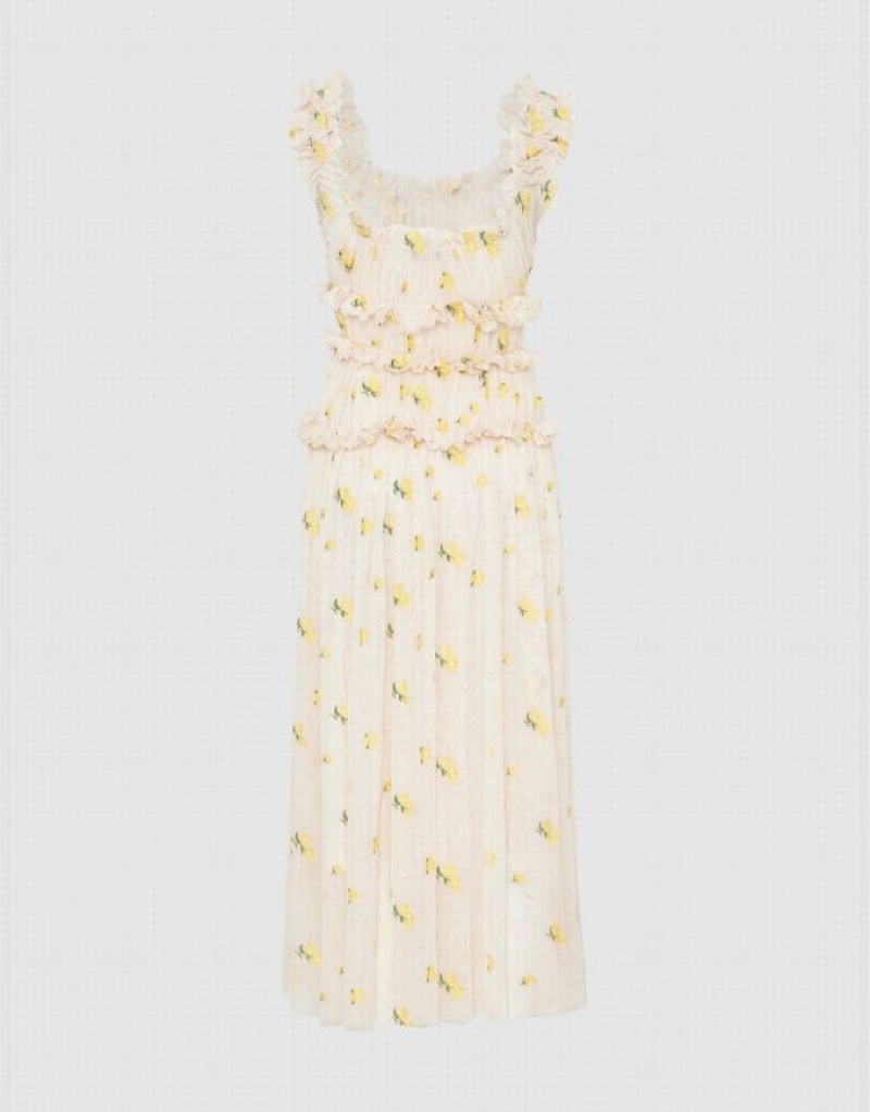 Urban Revivo UR × Caroline Hu Floral Sleeveless U Neck A-Line Women's Dress Beige | XKOQRLA-53