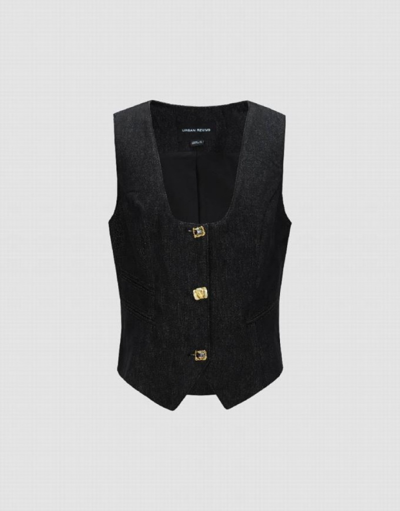 Urban Revivo U Neck Denim Waistcoat Women's Shirts Navy | BCDJVRO-04