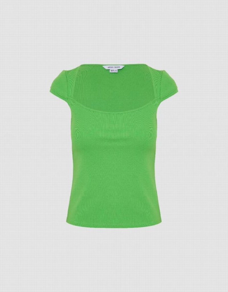 Urban Revivo U Neck Knitted Skinny Women's T-Shirts Green | LVZFUAJ-09