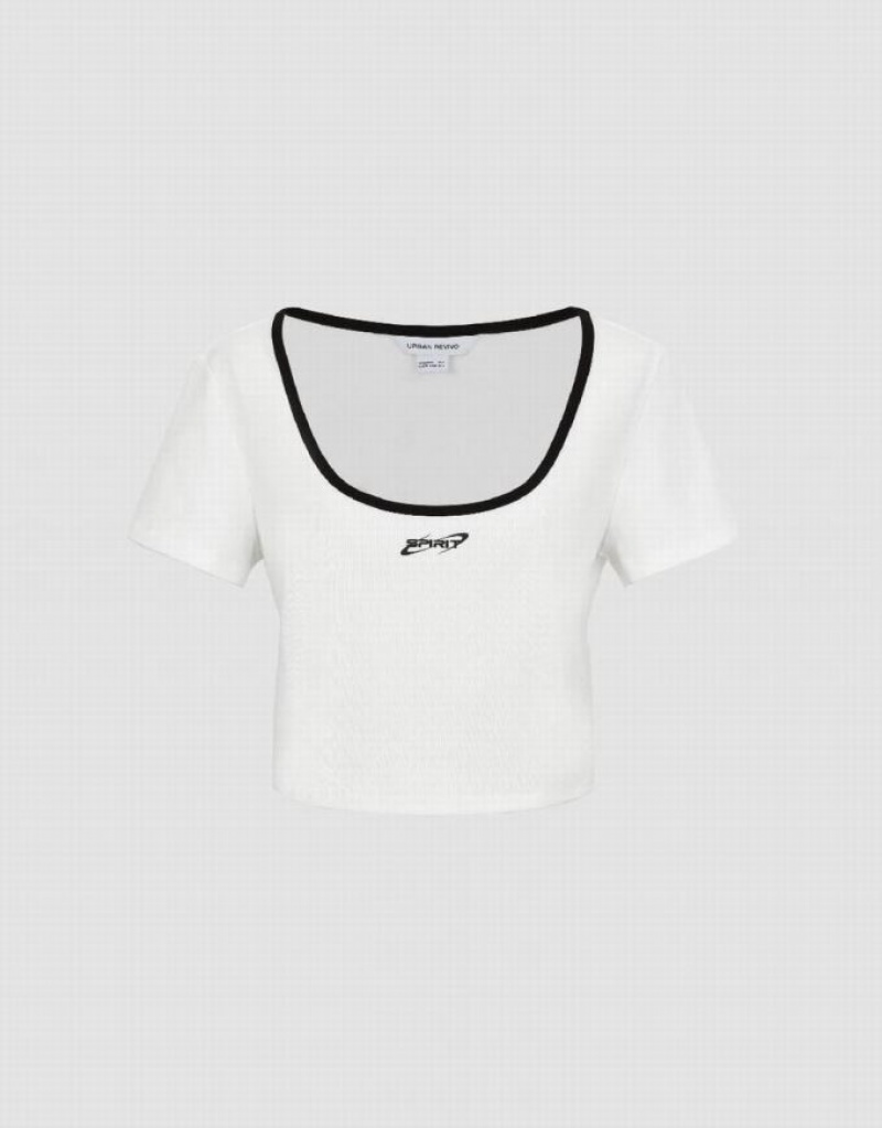 Urban Revivo U Neck Knitted Women's T-Shirts White | RCDANGI-08