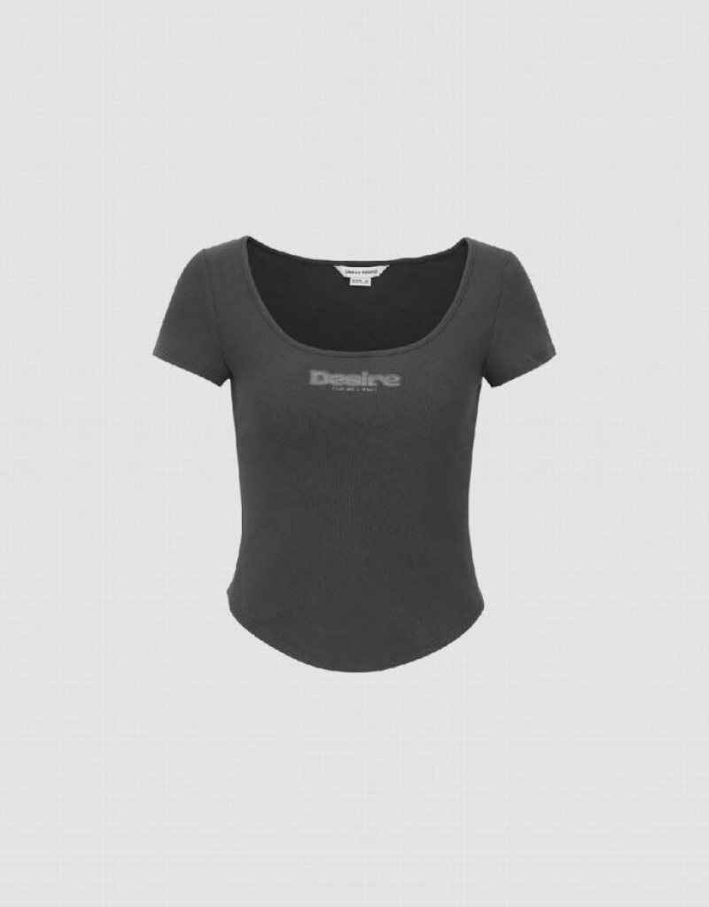 Urban Revivo U Neck Skinny Women's T-Shirts Dark Grey | ODYXLQW-78