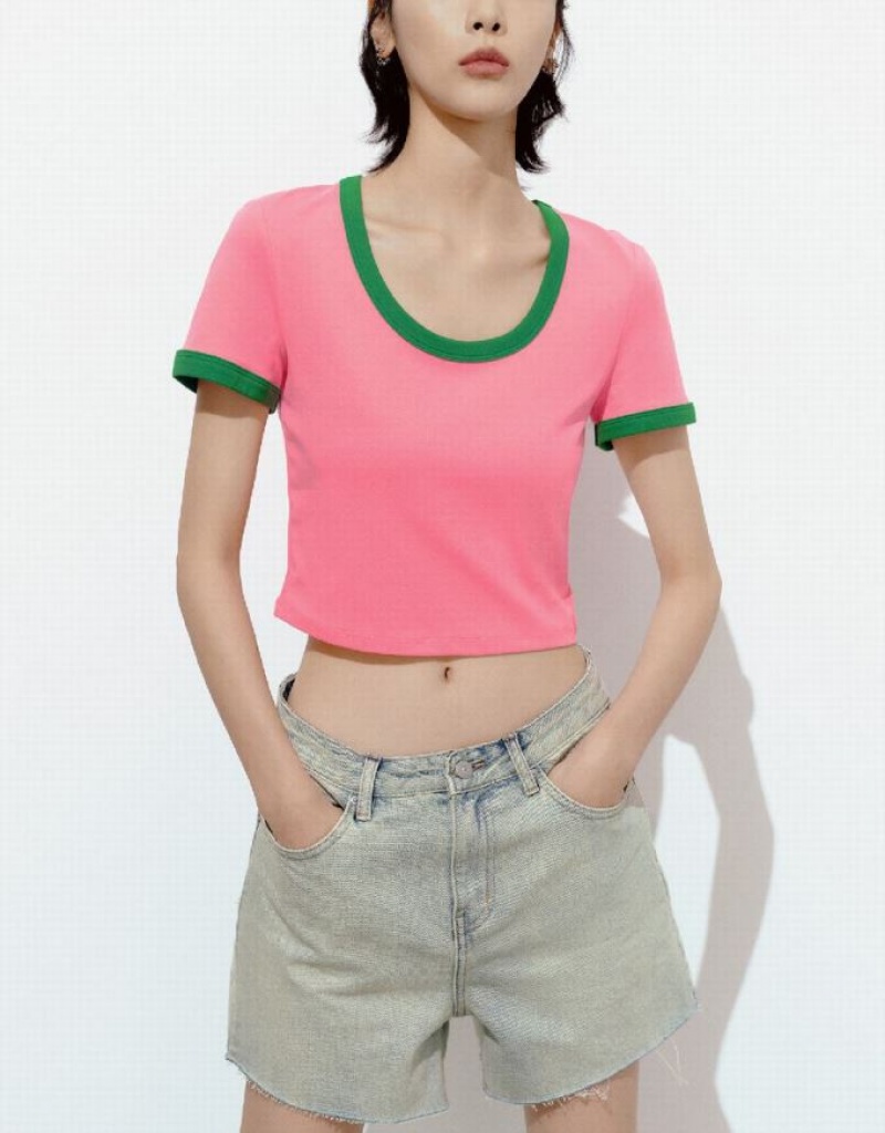 Urban Revivo U Neck Skinny Women's T-Shirts Pink | JPQMWDH-58