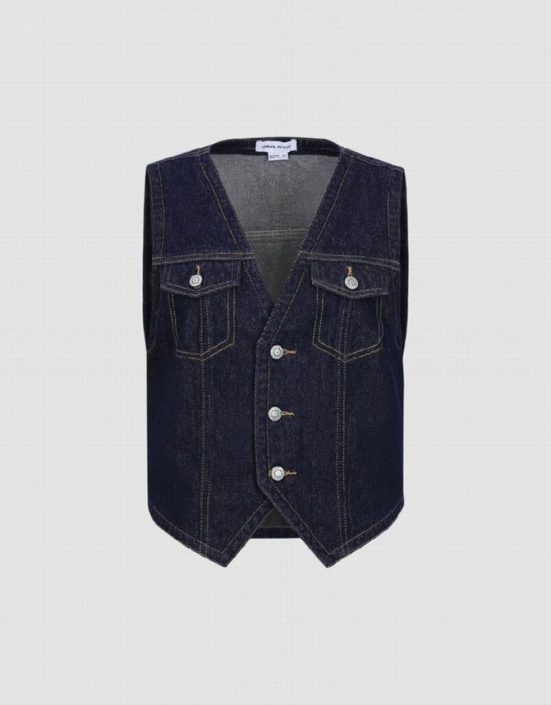 Urban Revivo V-Neck Denim Waistcoat Women's Shirts Blue | LVHNYOX-74