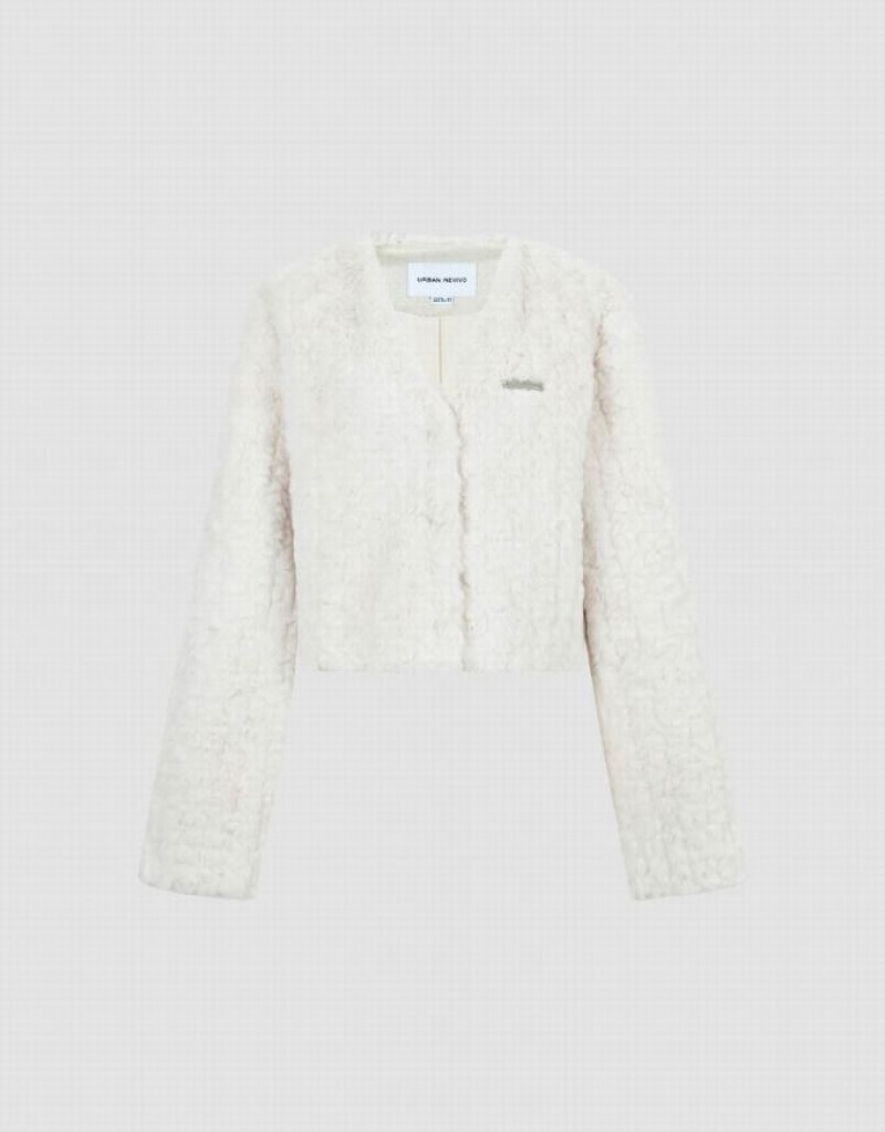 Urban Revivo V-Neck Furry Women's Coats White | IBSMXWY-93