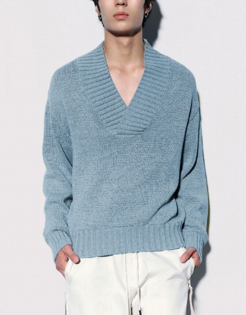 Urban Revivo V-Neck Knitted Men's Cardigan Blue | GEHOJPI-45