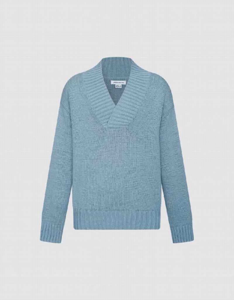 Urban Revivo V-Neck Knitted Men\'s Cardigan Blue | GEHOJPI-45