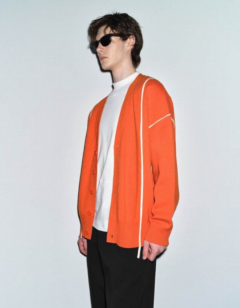 Urban Revivo V-Neck Knitted Men's Cardigan Orange | HXQUGVN-51