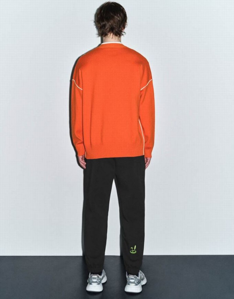 Urban Revivo V-Neck Knitted Men's Cardigan Orange | HXQUGVN-51