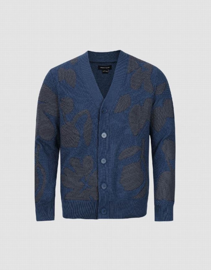 Urban Revivo V-Neck Knitted Men's Cardigan Blue | LHUAVRM-90