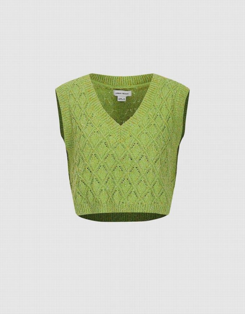 Urban Revivo V-Neck Knitted Women's Cardigan Green | YEOTPLV-84