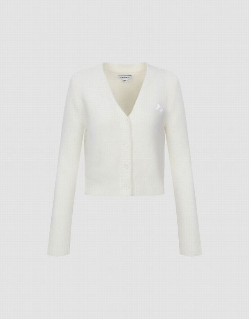 Urban Revivo V-Neck Knitted Women's Cardigan White | PAYVURM-03