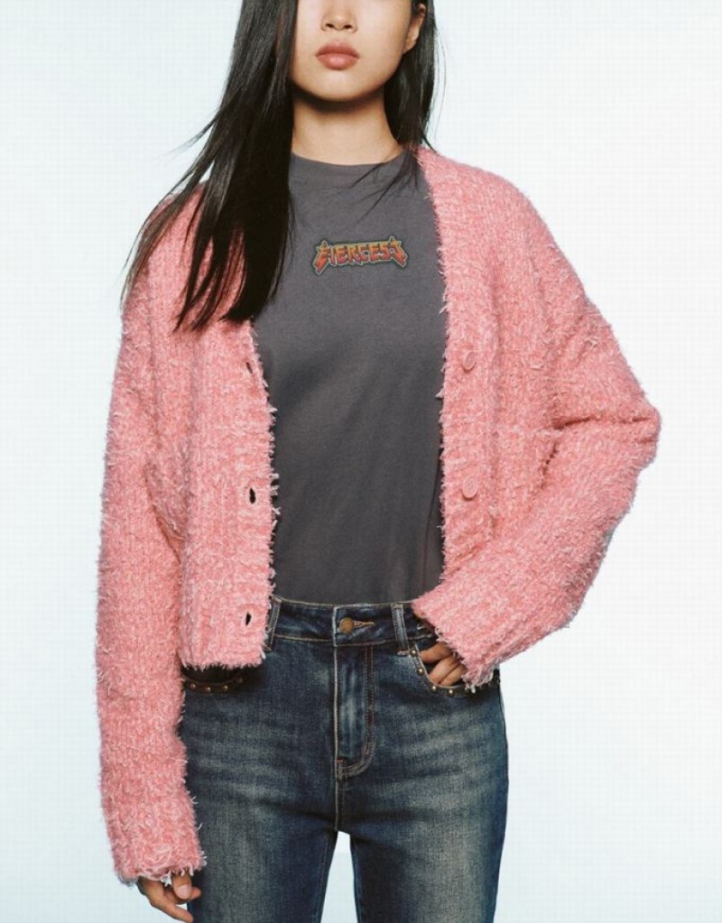 Urban Revivo V-Neck Knitted Women's Cardigan Pink | NKBIMXY-03