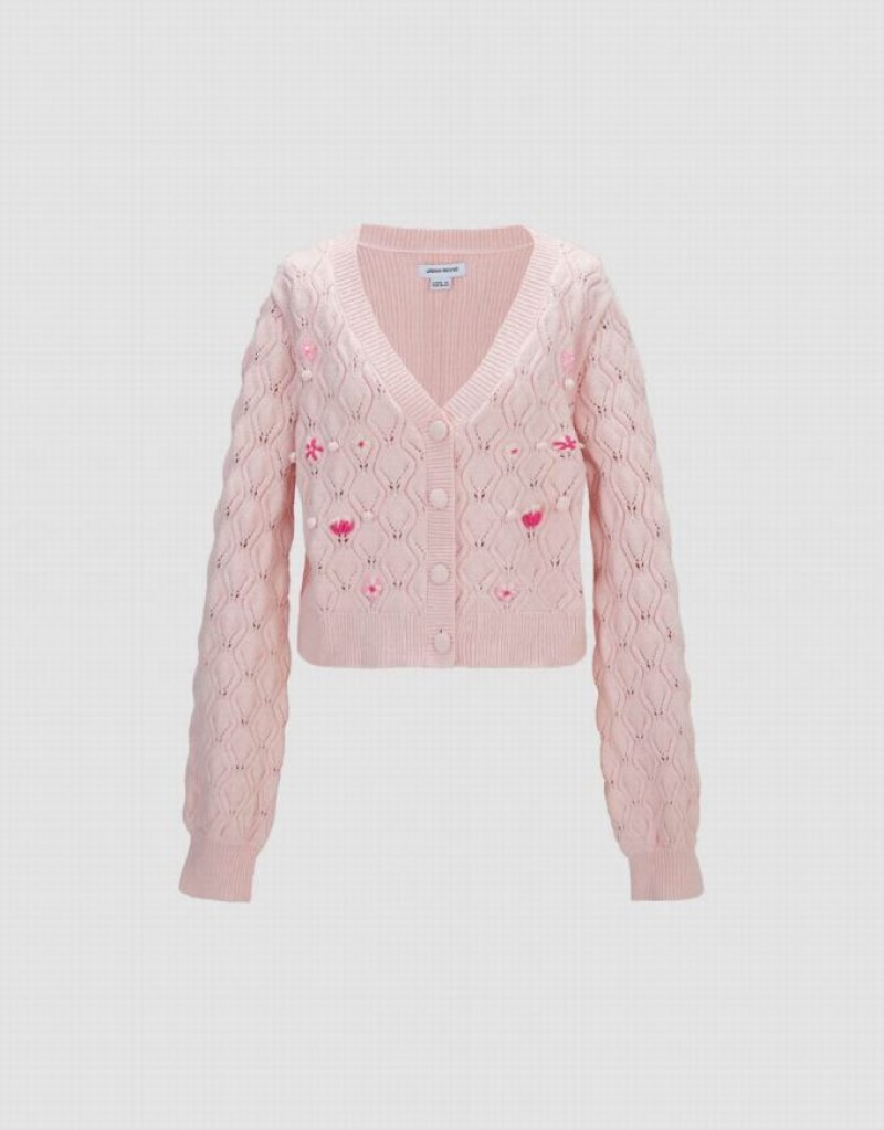 Urban Revivo V-Neck Knitted Women's Cardigan Pink | XSDKIBV-97