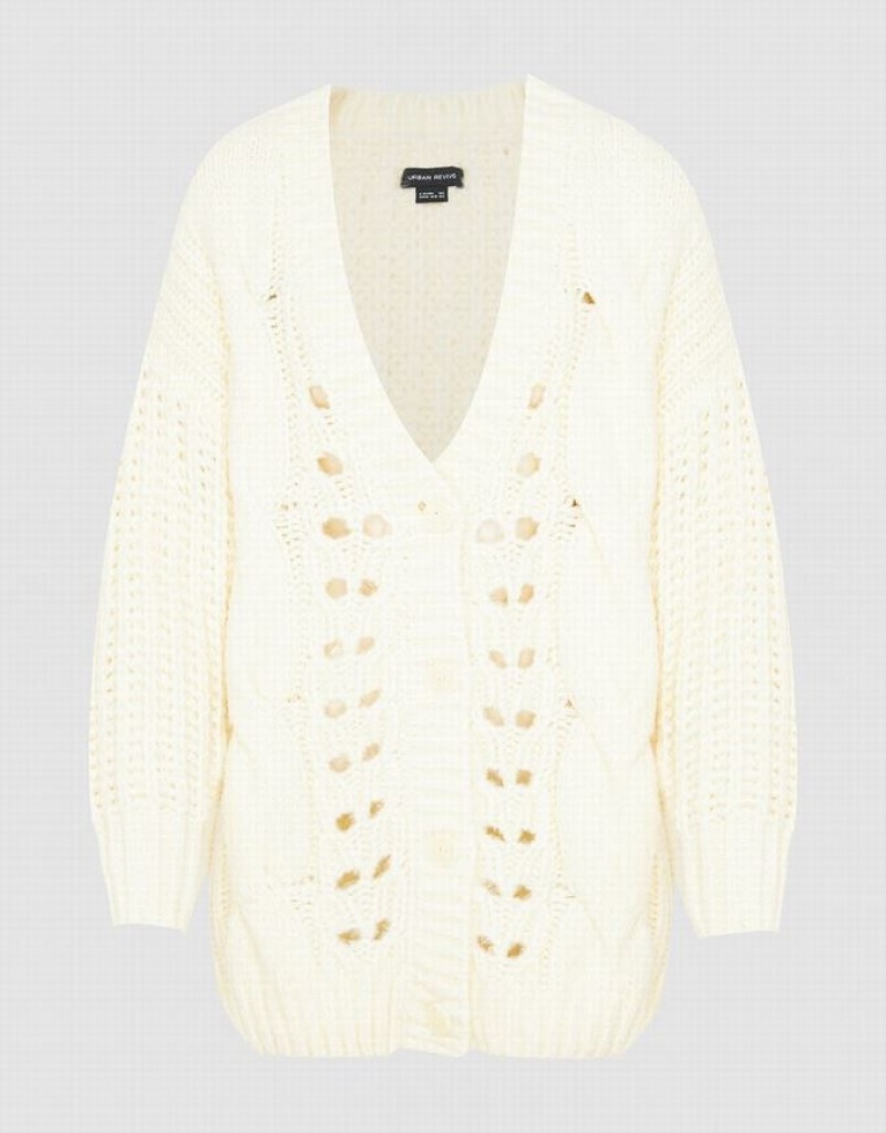 Urban Revivo V-Neck Knitted Women's Cardigan White | OTRJQDL-97