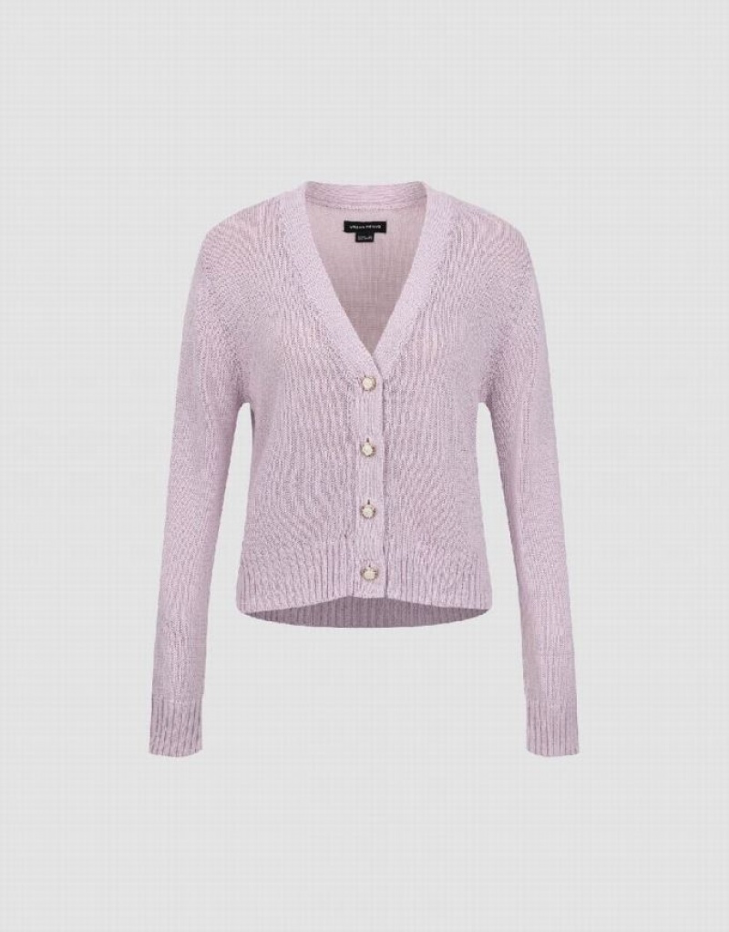 Urban Revivo V-Neck Knitted Women's Cardigan Purple | UJBRVLH-65