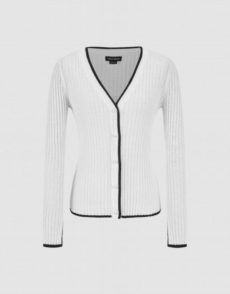 Urban Revivo V-Neck Knitted Women's Cardigan White | ETMGNCY-57