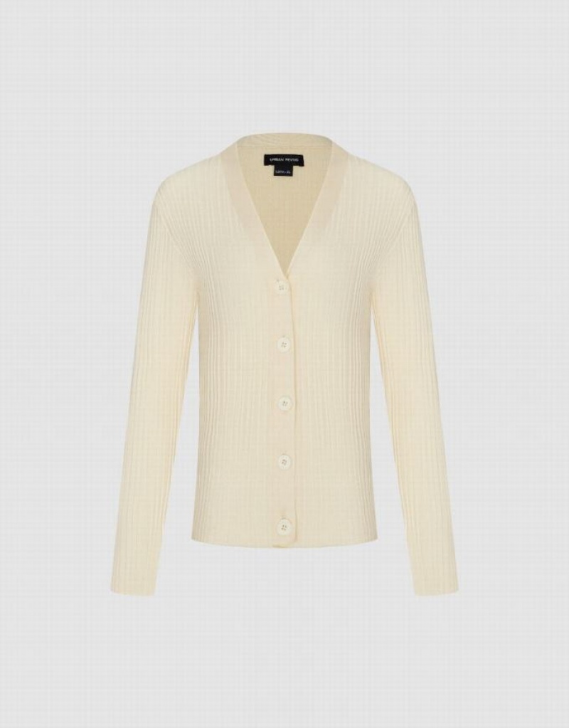 Urban Revivo V-Neck Knitted Women's Cardigan White | ICEXAGK-48