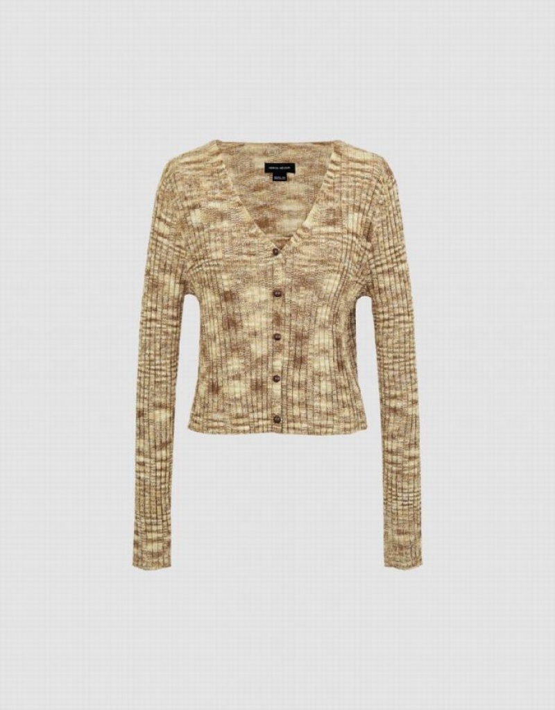 Urban Revivo V-Neck Knitted Women's Cardigan Khaki | OJILBXA-54