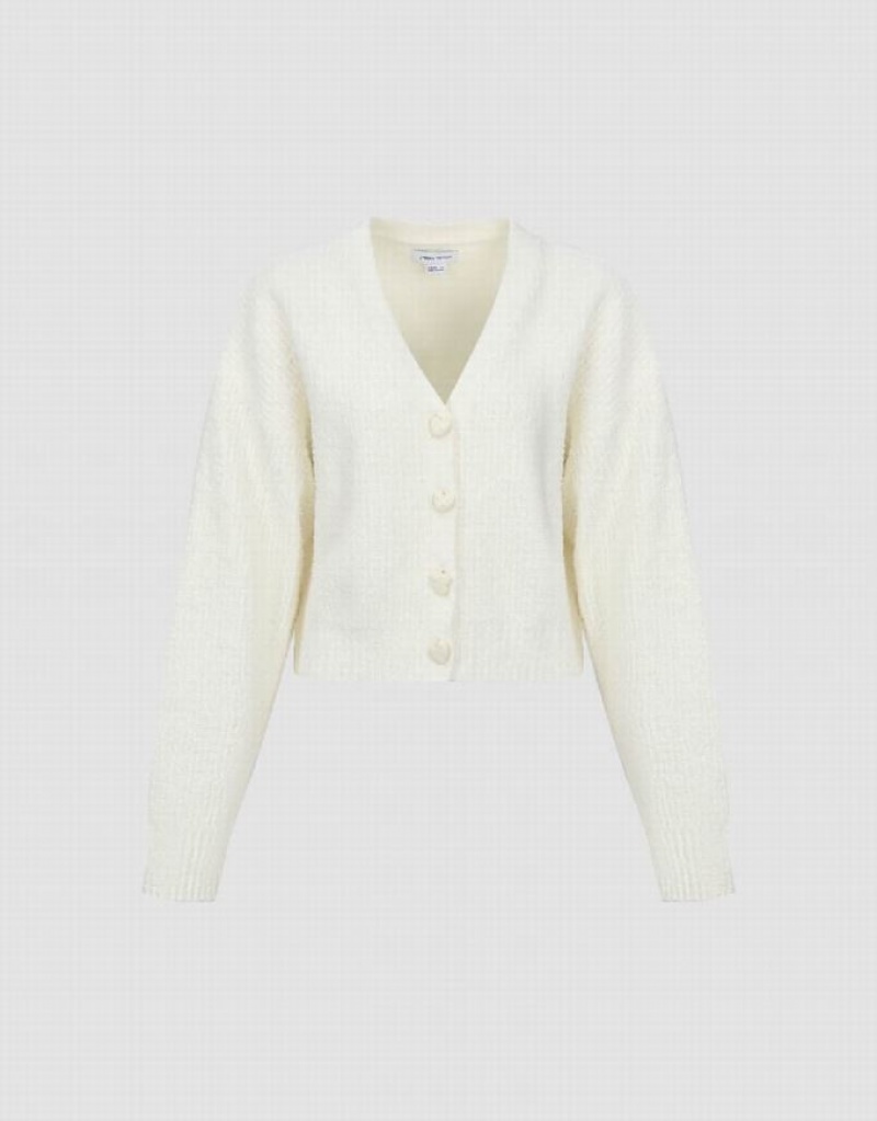 Urban Revivo V-Neck Knitted Women's Cardigan White | IOEHGRY-67