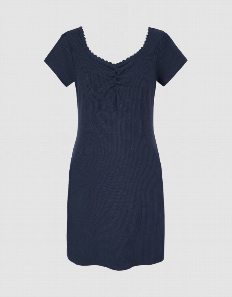 Urban Revivo V-Neck Skater Women's Short Dress Navy | WFYDOBC-07