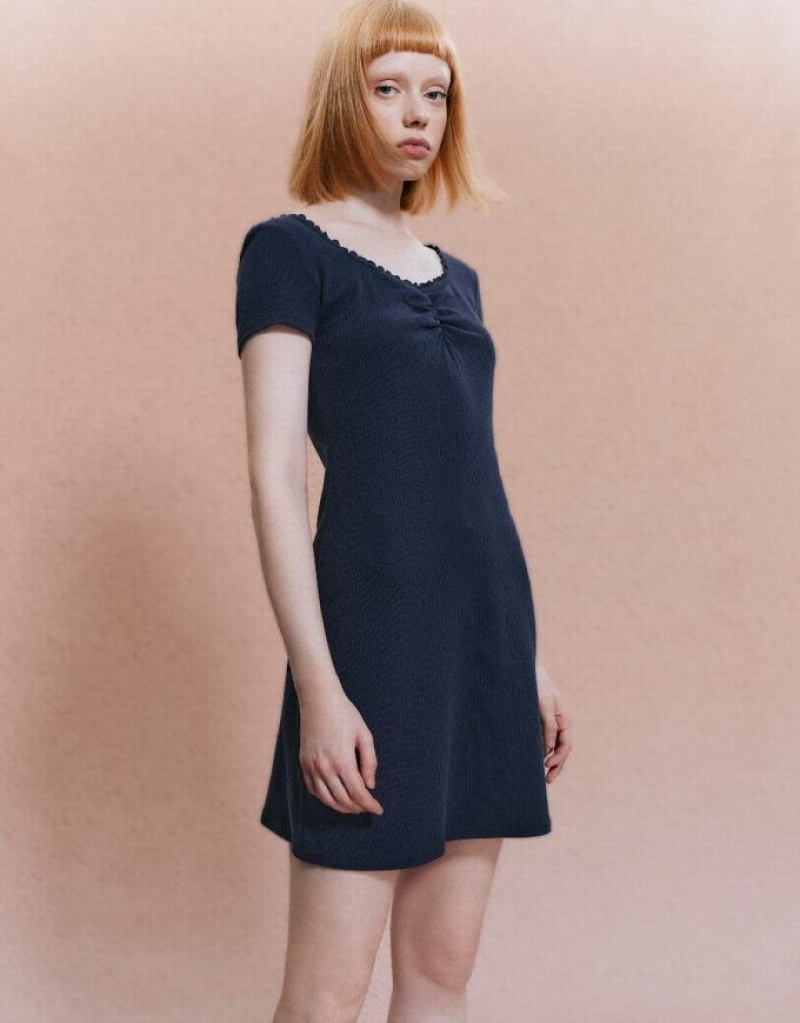 Urban Revivo V-Neck Skater Women's Short Dress Navy | WFYDOBC-07