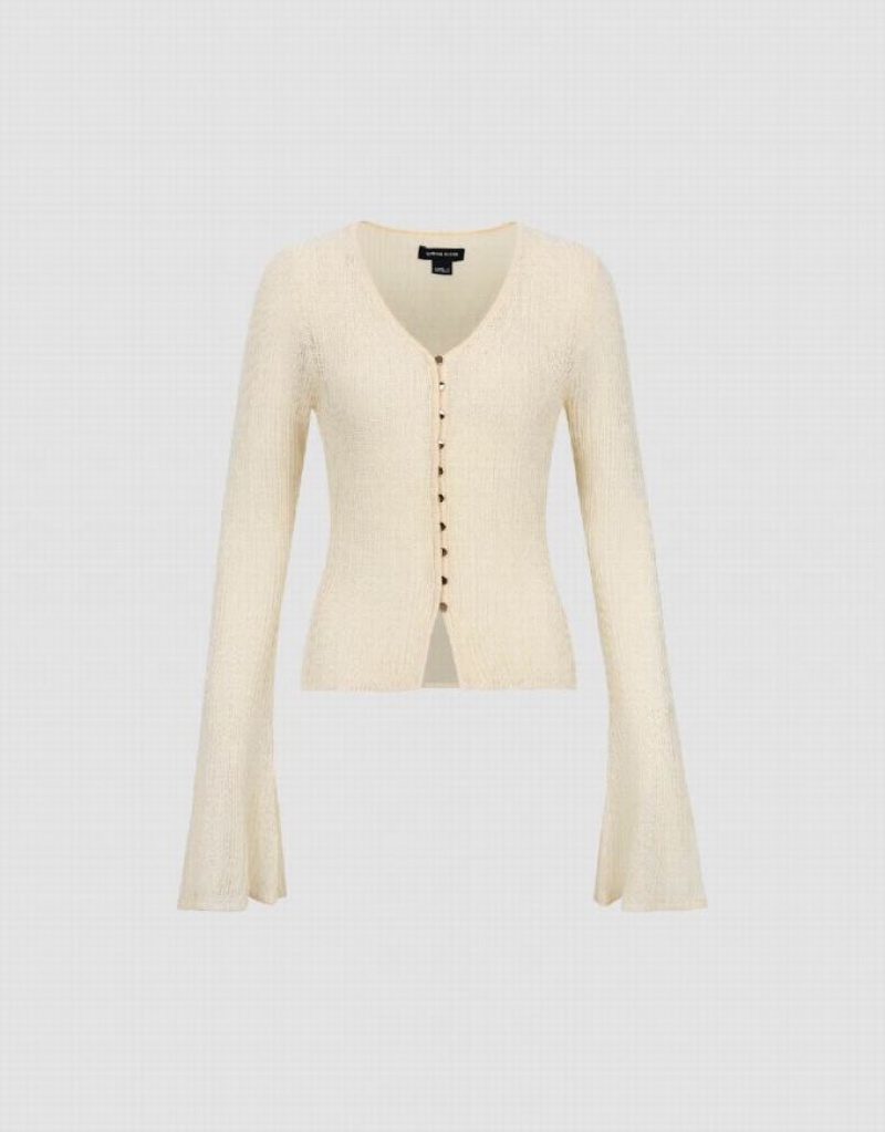 Urban Revivo V-Neck Skinny Knitted Women's Cardigan Beige | NJPSUCK-18