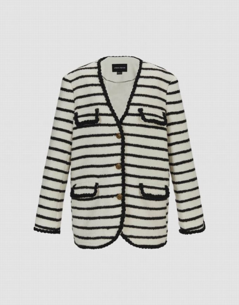 Urban Revivo V-Neck Striped Woolen Women's Jacket White | ONIQMGE-18