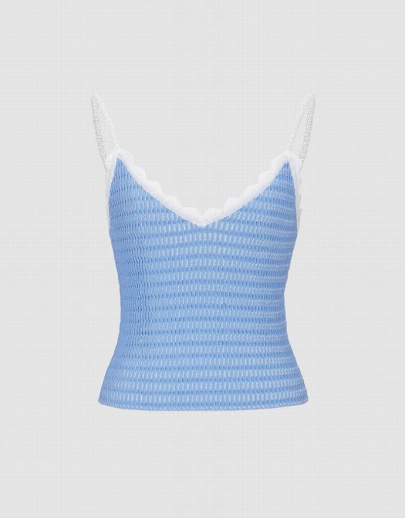 Urban Revivo V Neck Knitted Women\'s Camisole Blue | HFOWYGN-26