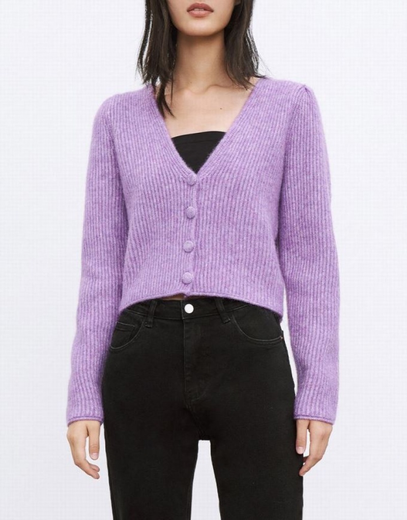 Urban Revivo V Neck Rib Knit Women's Cardigan Purple | FJPXMQL-01